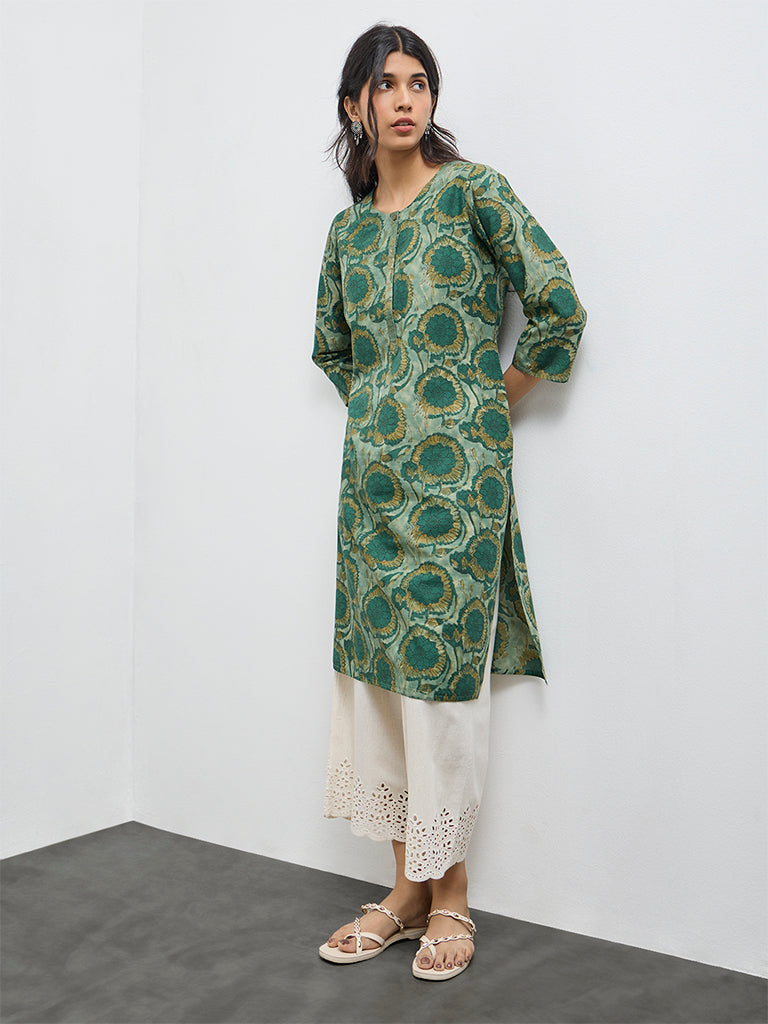 Utsa Green Floral Cotton Straight Kurta