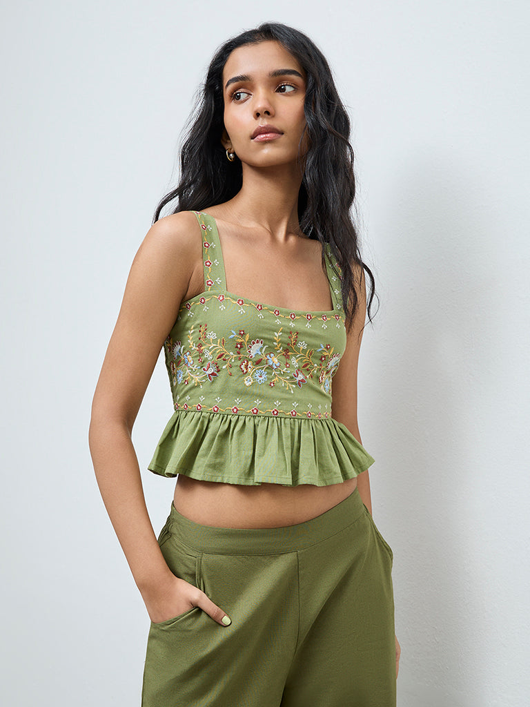 Bombay Paisley Green Floral Embroidered Cotton Top
