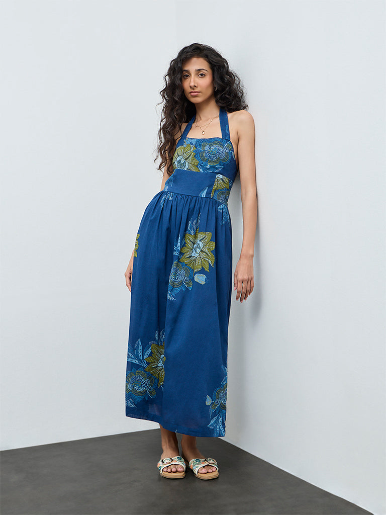 Bombay Paisley Dark Blue Floral Cotton A-Line Dress