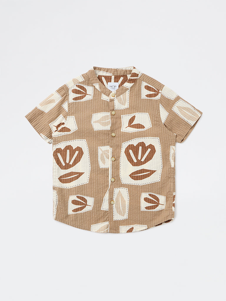 HOP Kids Boys Taupe Printed Cotton Shirt
