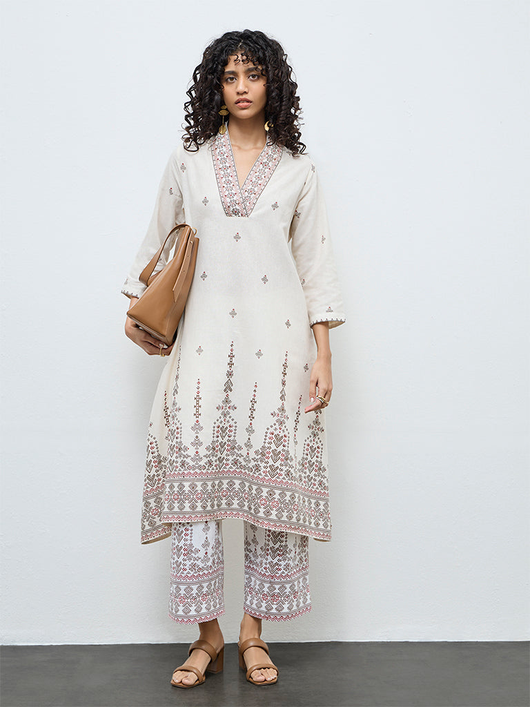 Utsa Beige Printed Cotton-Blend A-Line Kurta