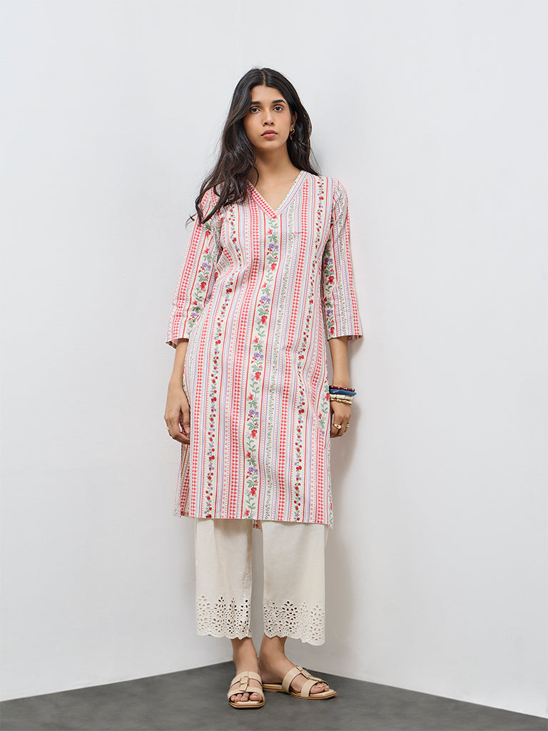 Utsa Red Floral Straight Cotton Kurta