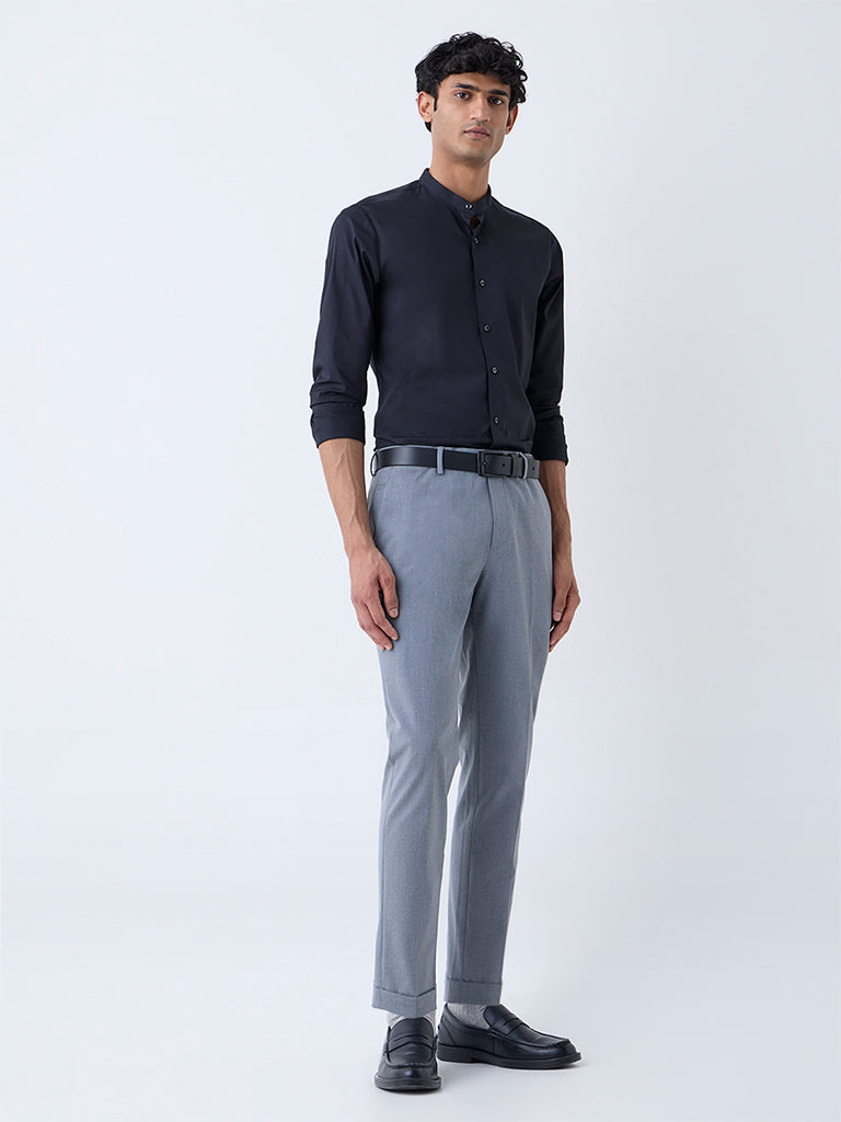 WES Formals Grey Slim-Fit Mid-Rise Trousers
