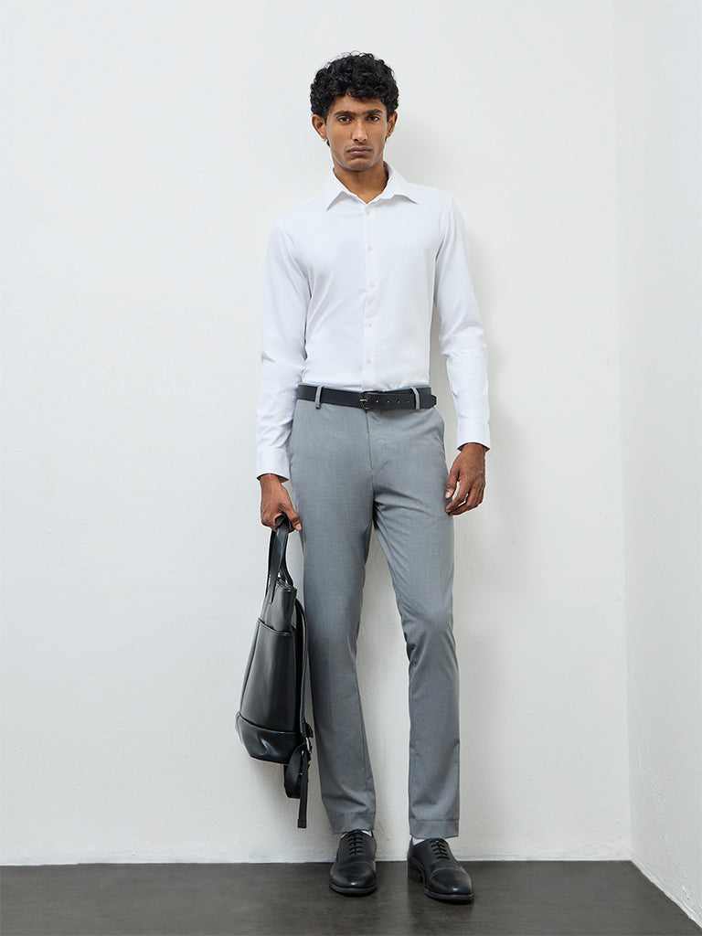 WES Formals Grey Solid Slim-Fit Mid-Rise Trousers