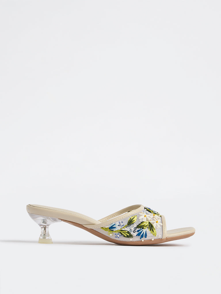 LUNA BLU Blue Embroidered Kitten Heel Sandals