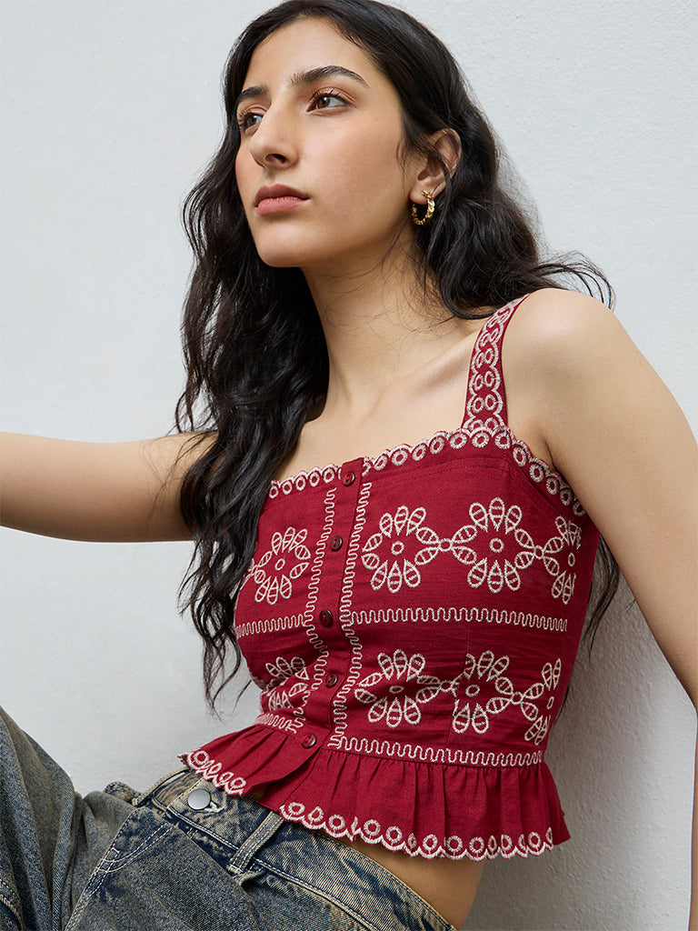 Bombay Paisley Red Embroidered Cotton-Blend Top