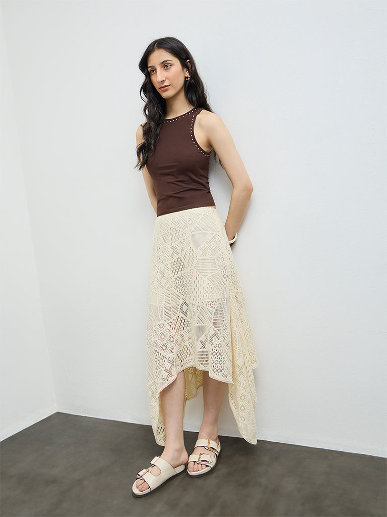 Bombay Paisley Cream Lace-Textured Cotton Skirt