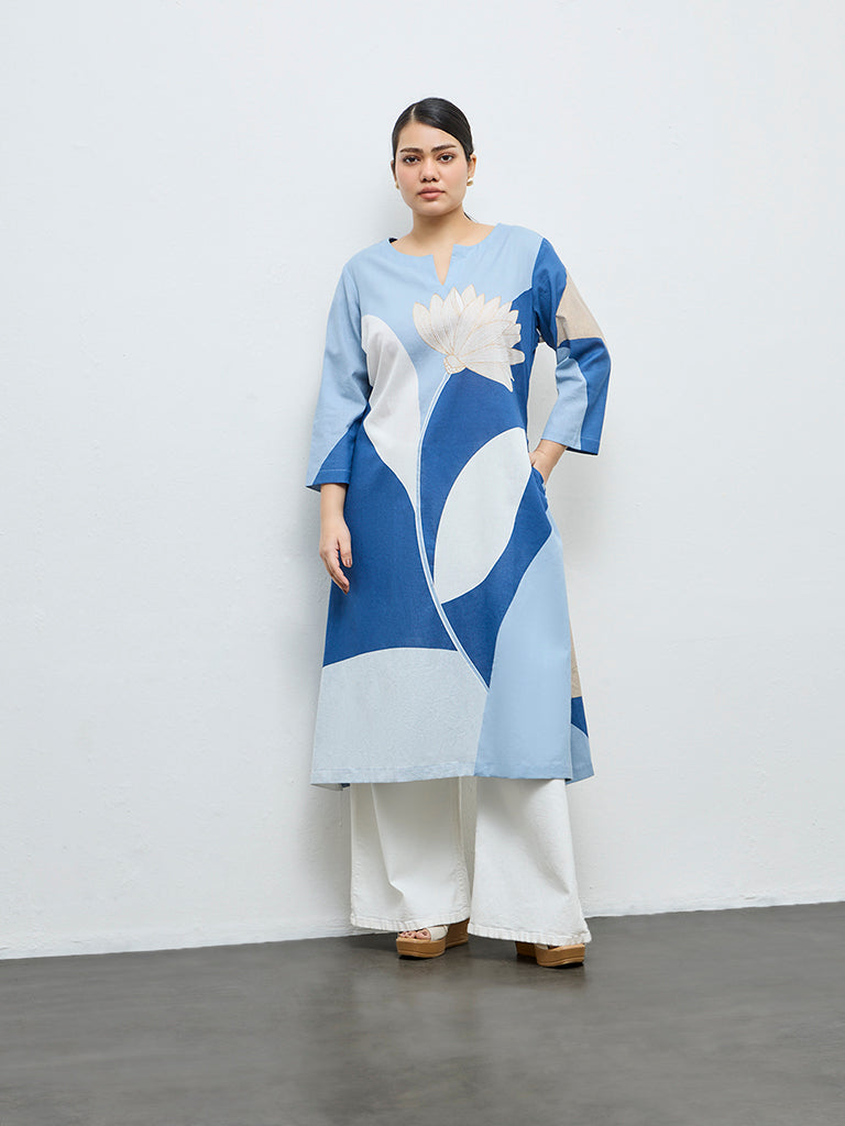 Diza Turquoise Floral Detailed Cotton-Blend A-Line Kurta