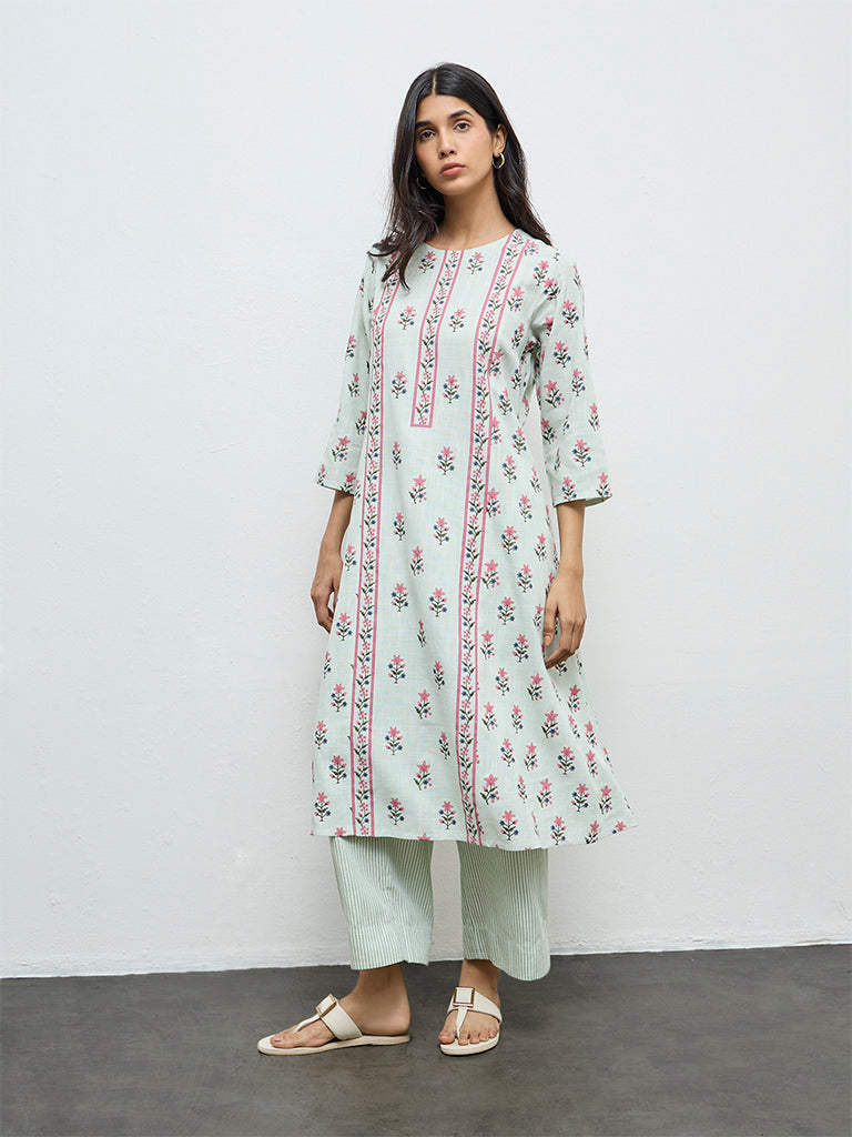 Utsa Aqua Floral A-Line Kurta