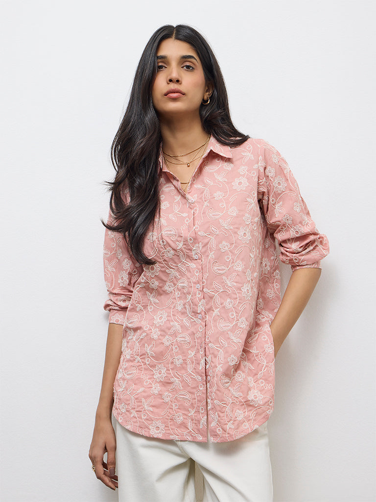 Utsa Dusty Pink Floral Embroidered Cotton Tunic