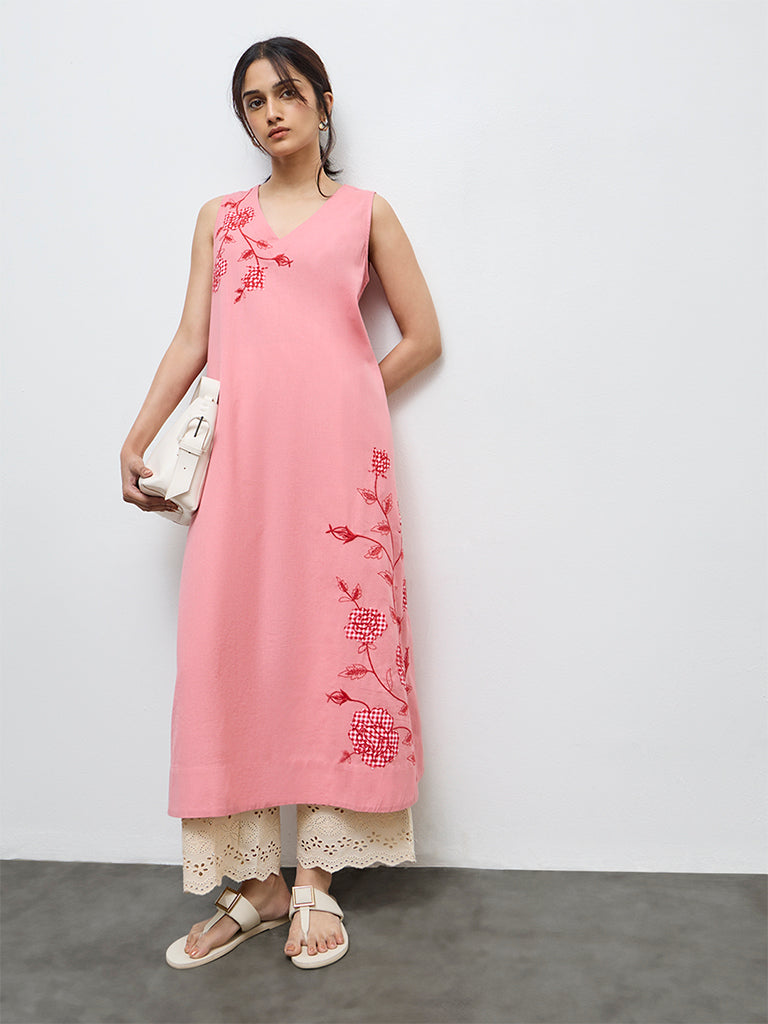 Utsa Pink Floral Embroidered A-Line Cotton Kurta