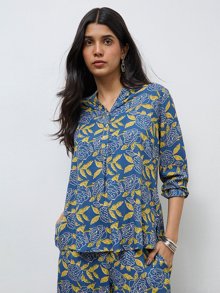 Utsa Blue Floral Pattern Tunic