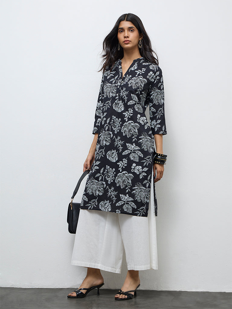 Utsa Black Floral Printed Cotton Straight Kurta