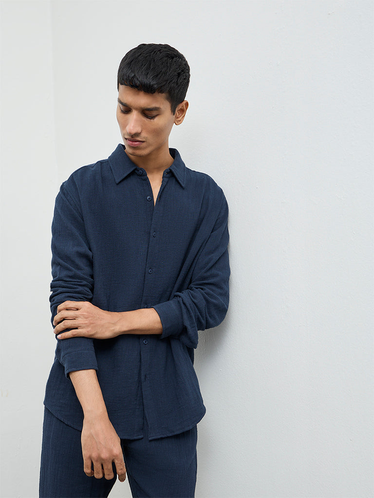 ETA Navy Textured Relaxed-Fit Cotton Shirt