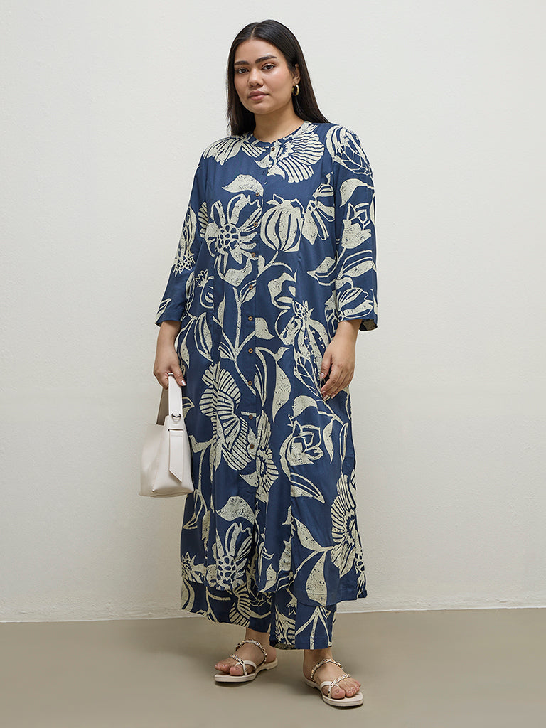 Diza Blue Botanical Printed A-Line Kurta