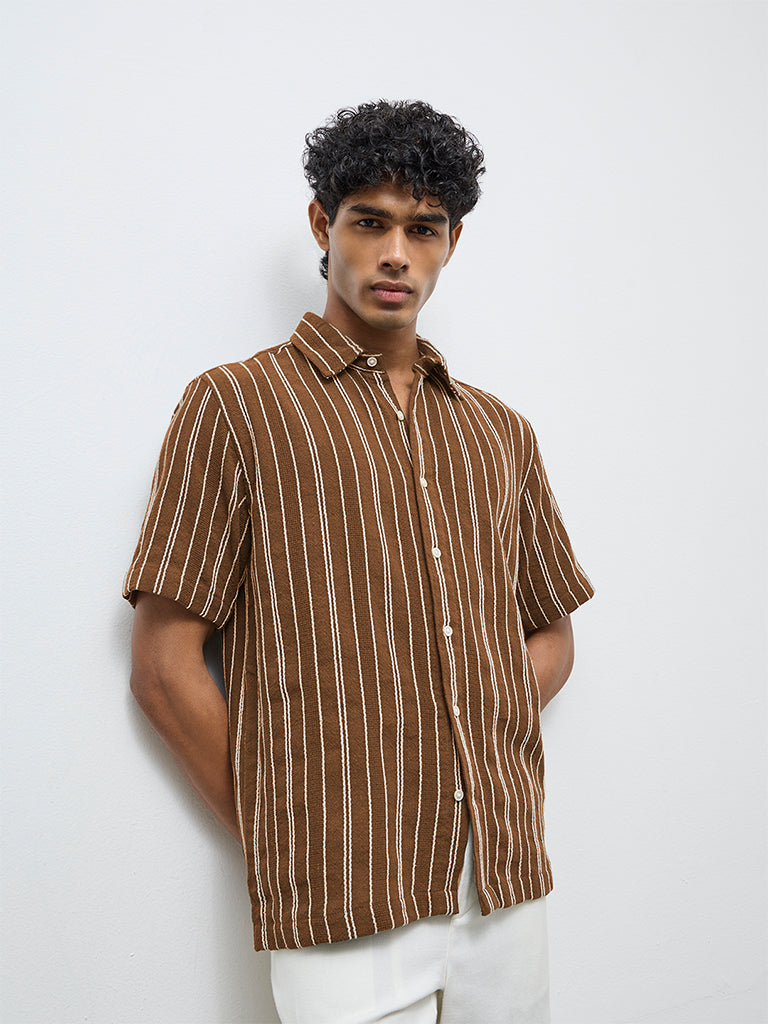 ETA Brown Striped Relaxed-Fit Cotton Shirt