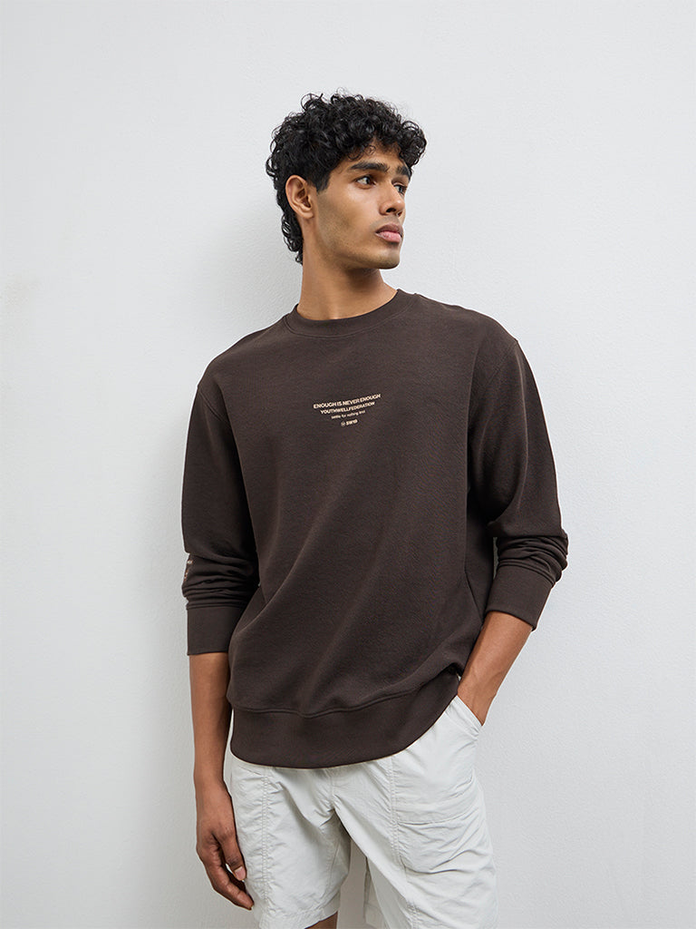 Nuoflexx Dark Brown Typographic Relaxed-Fit Sweatshirt