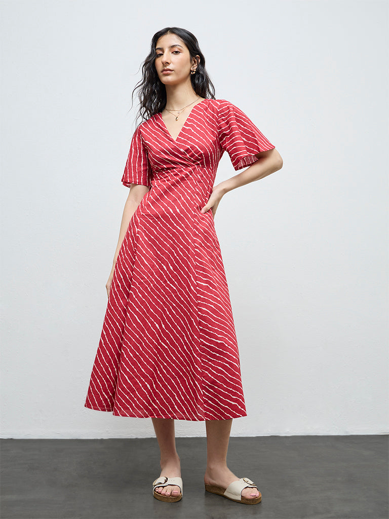 Bombay Paisley Red Striped Cotton A-Line Dress
