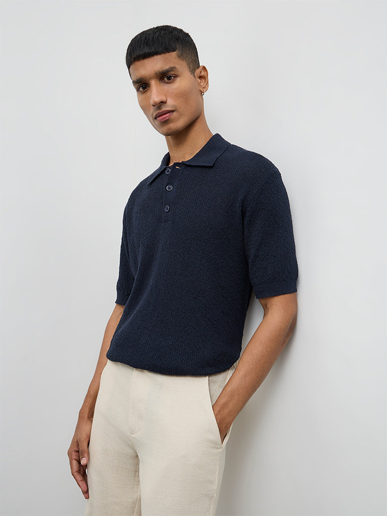 ETA Navy Textured Relaxed-Fit Polo T-Shirt