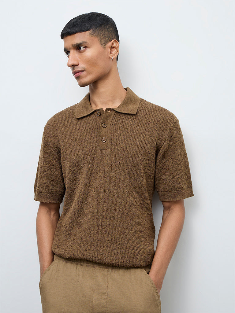 ETA Brown Textured Relaxed-Fit Polo T-Shirt