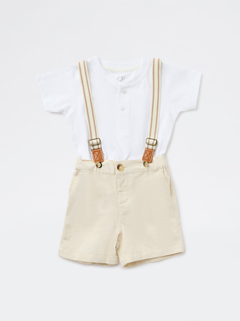HOP Baby Boys White Cotton T-Shirt, Shorts and Suspender