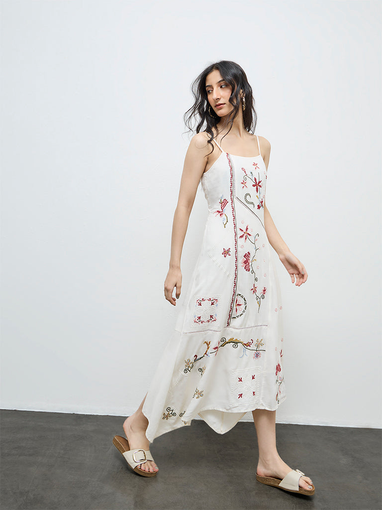 Bombay Paisley Off-White Floral Embroidered A-Line Dress