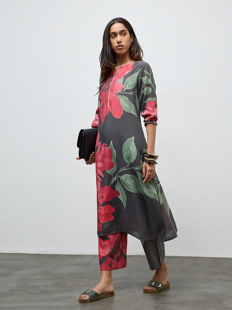 Utsa Charcoal Floral Detailed A-Line Kurta
