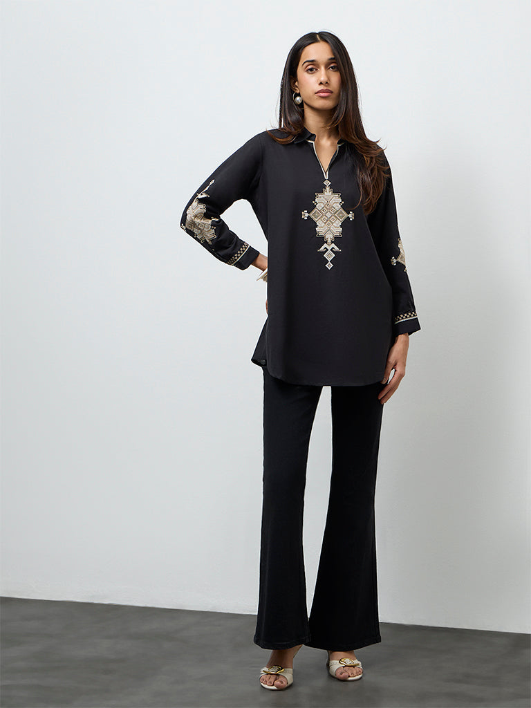 Utsa Black Aztec Embroidered Cotton Tunic