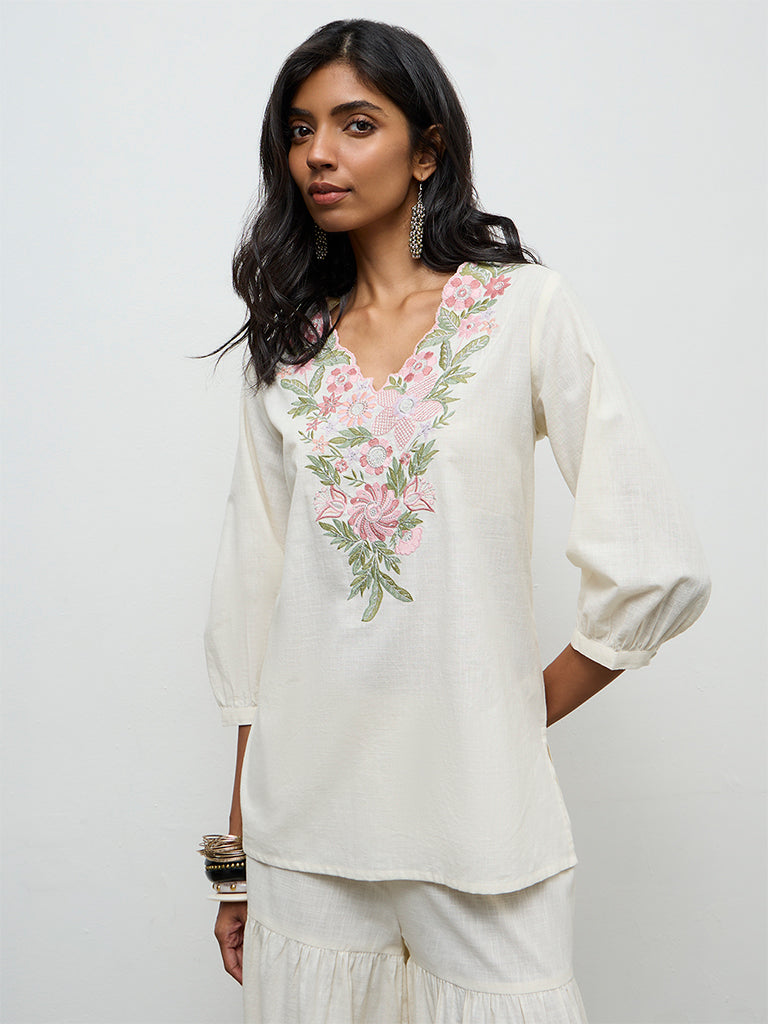 Utsa Off-White Floral Embroidered Cotton Tunic