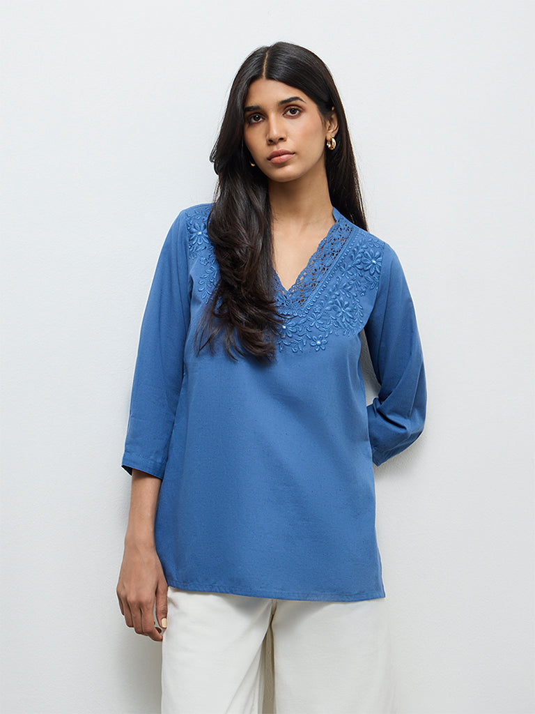 Utsa Indigo Embroidered Cotton-Blend Tunic