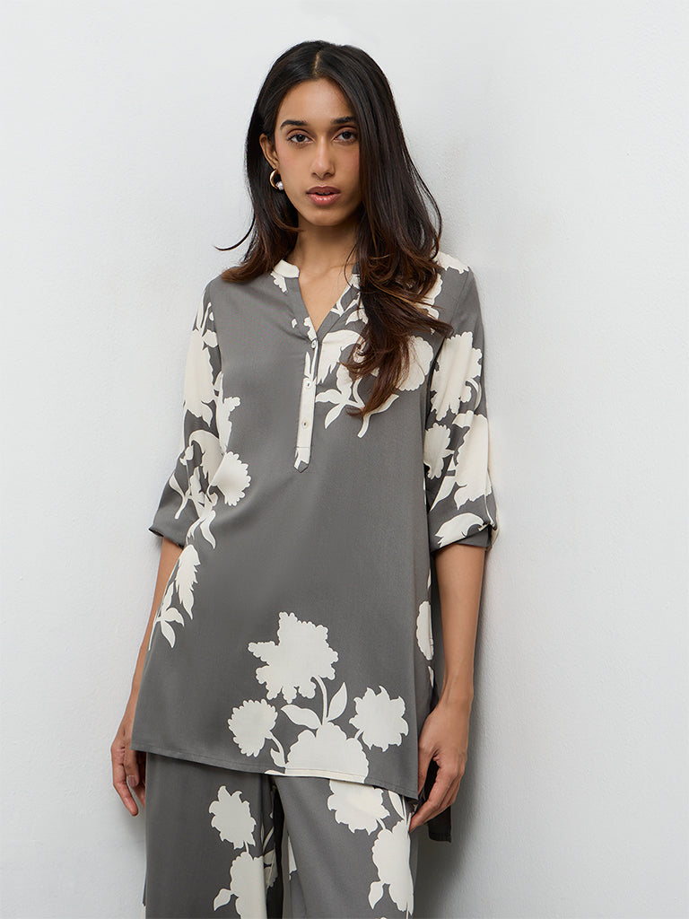 Utsa Grey Floral Pattern Tunic