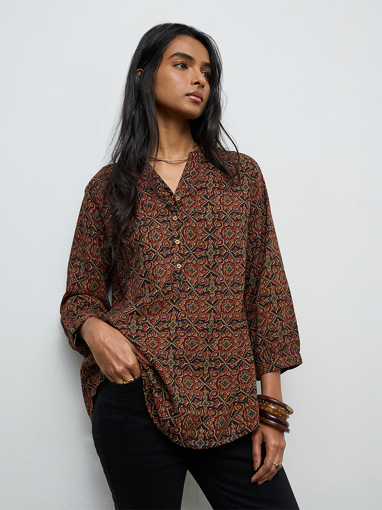 Utsa Black Printed Cotton-Blend Tunic