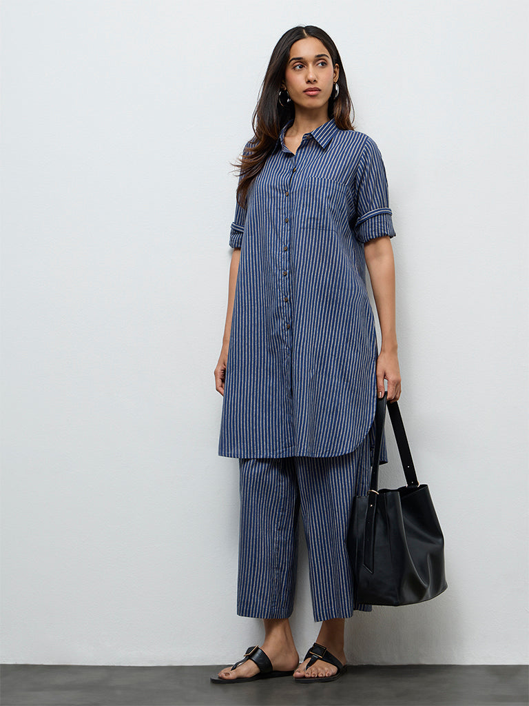 Utsa Indigo Striped Cotton A-Line Kurta