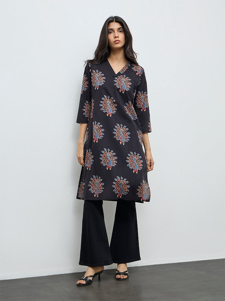 Utsa Black Peacock Design Straight Cotton Kurta