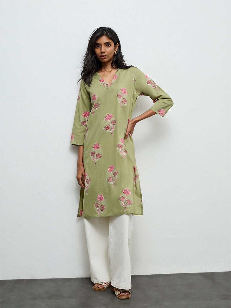 Utsa Dark Sage Floral Printed Straight Cotton Kurta