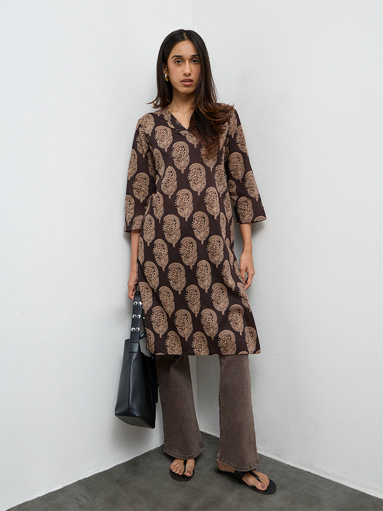 Utsa Dark Brown Paisley Printed Cotton Straight Kurta