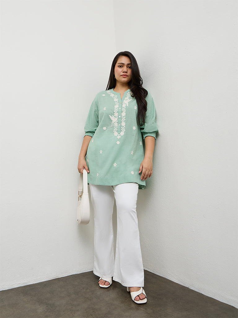 Diza Turquoise Embroidered Cotton Tunic