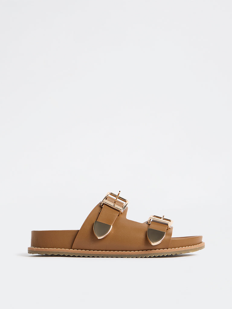 LUNA BLU Tan Dual-Strap Slip-On Comfort Sandals
