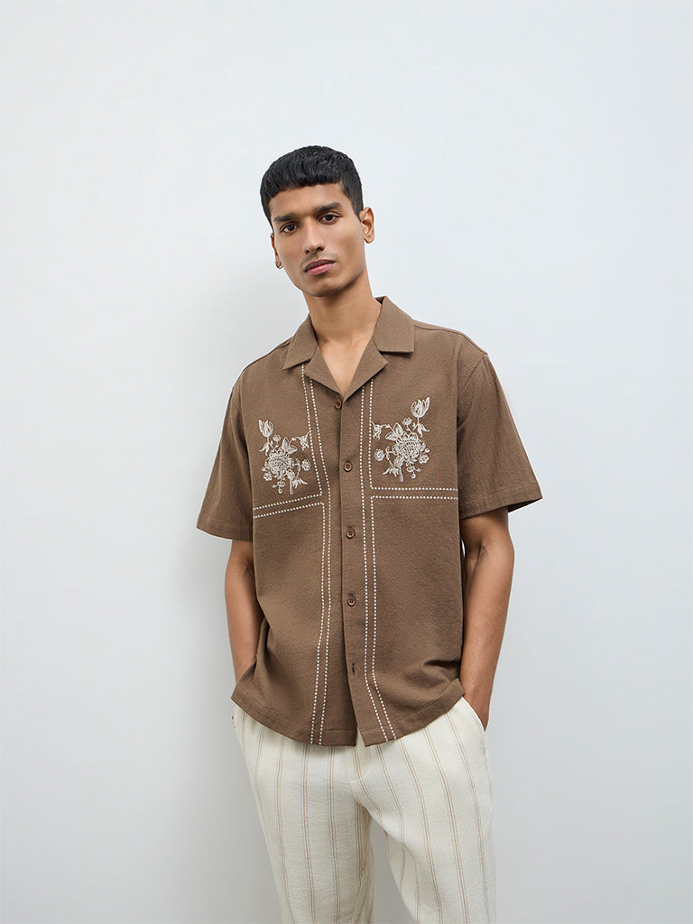 ETA Taupe Floral Embroidered Relaxed-Fit Cotton Shirt