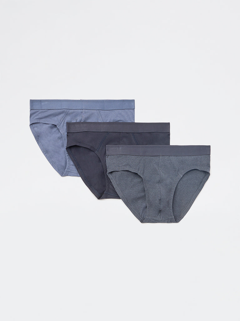WES Lounge Blue Solid Cotton-Blend Briefs - Pack of 3