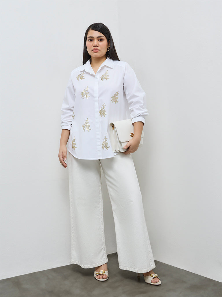 Gia White Floral Embellished Cotton Shirt