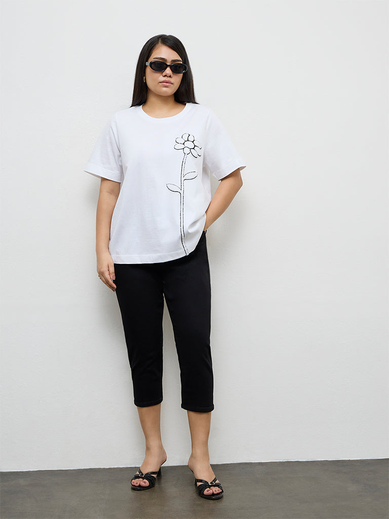 Gia White Floral Printed Cotton T-Shirt