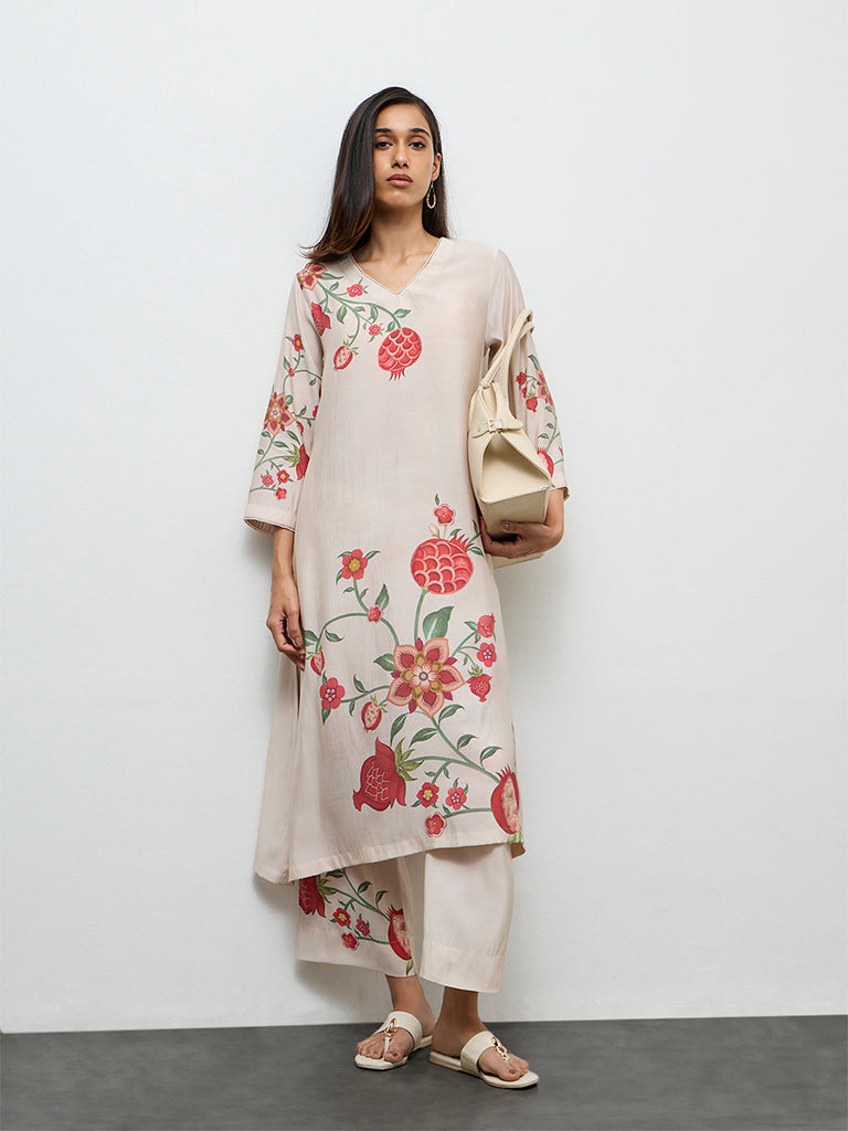 Utsa Light Beige Anar Printed A-Line Kurta