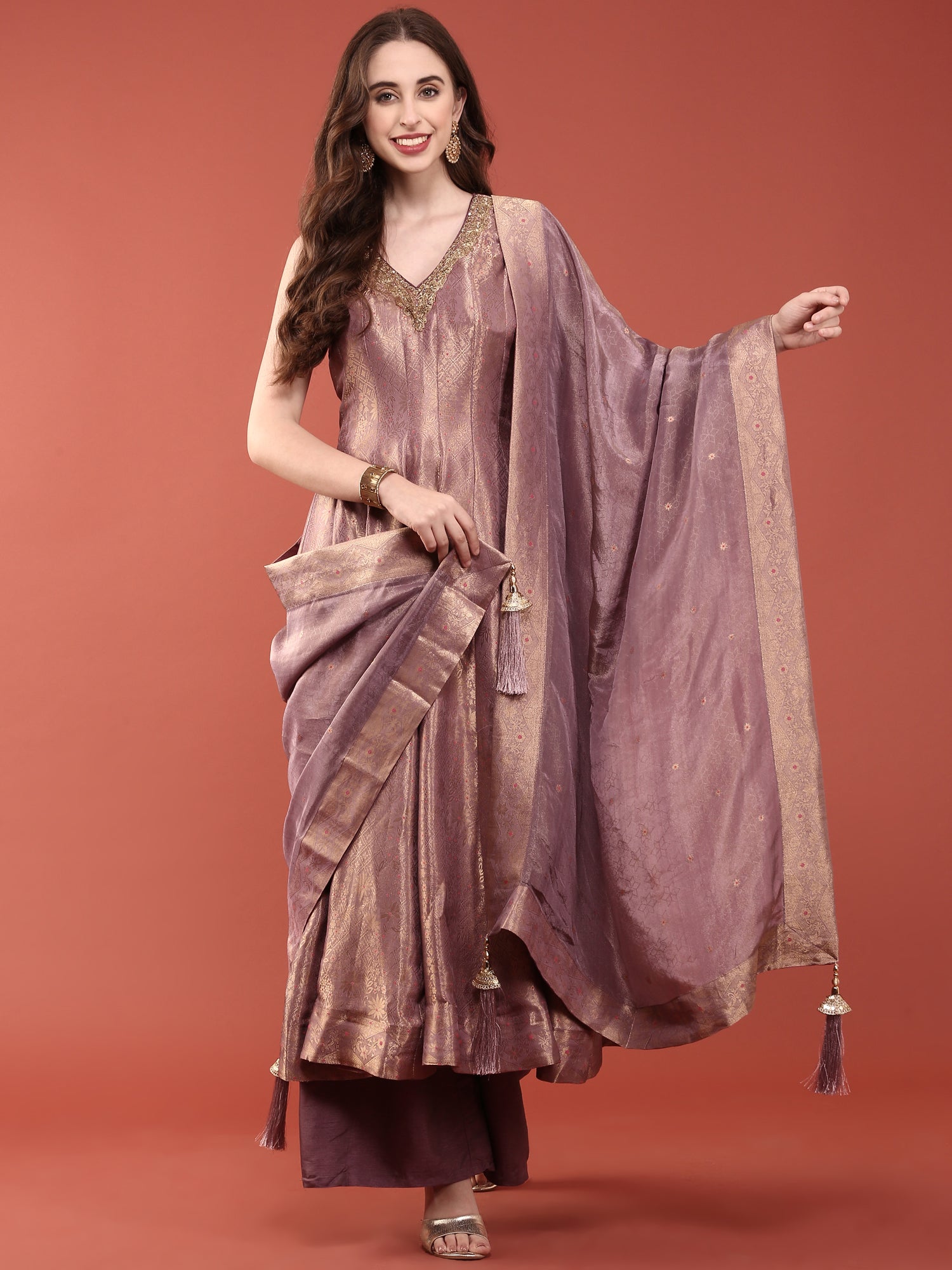 Lavender Banaras Silk Anarkali Set