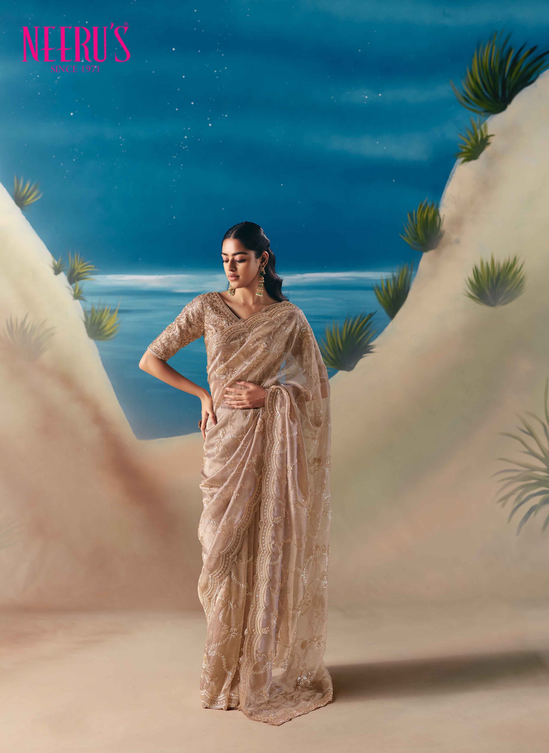Gold Tissue Saree With Hand Embroidery And Floral Sequins Work