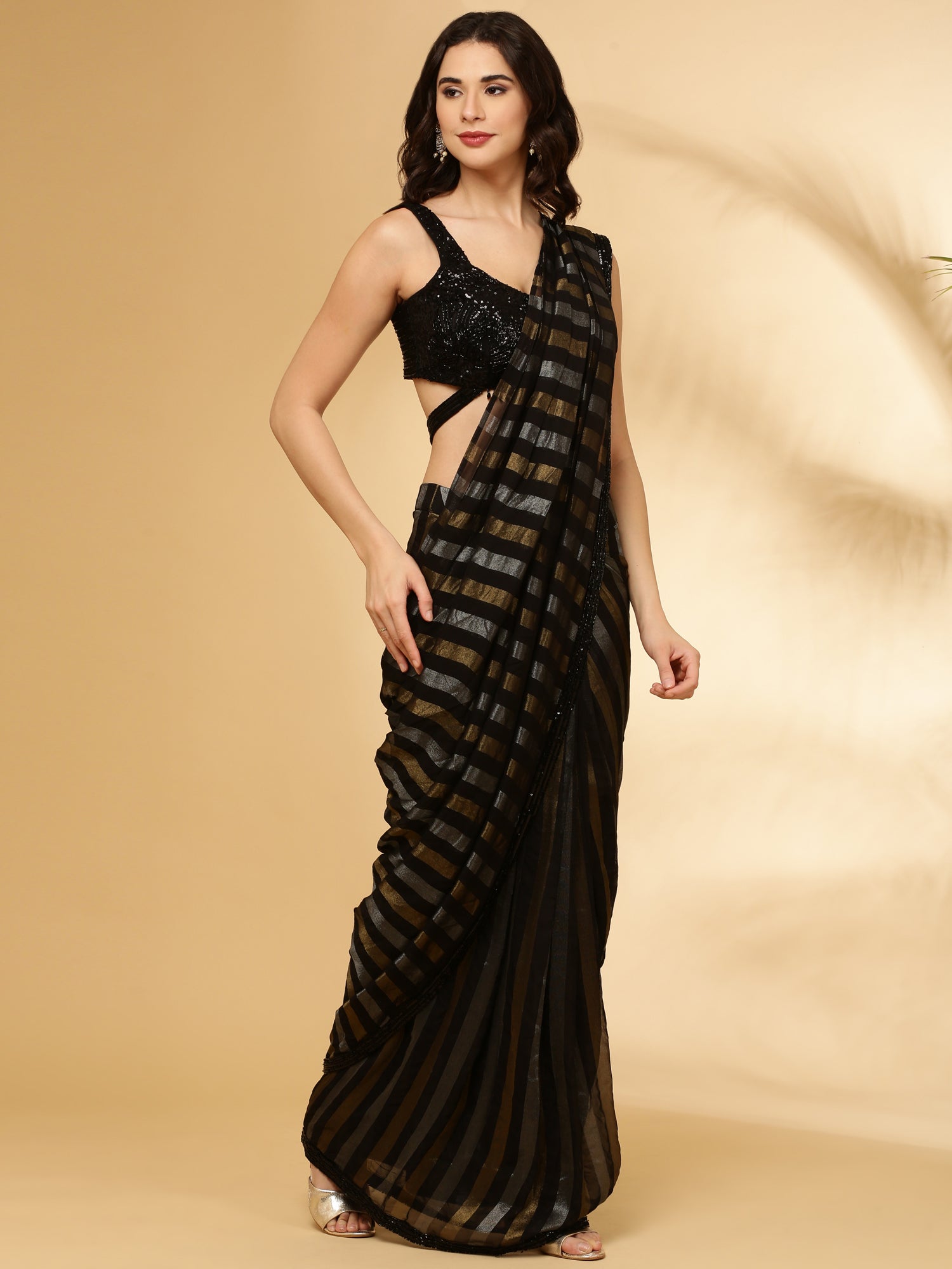 Black Tissue Drape Saree With Belt