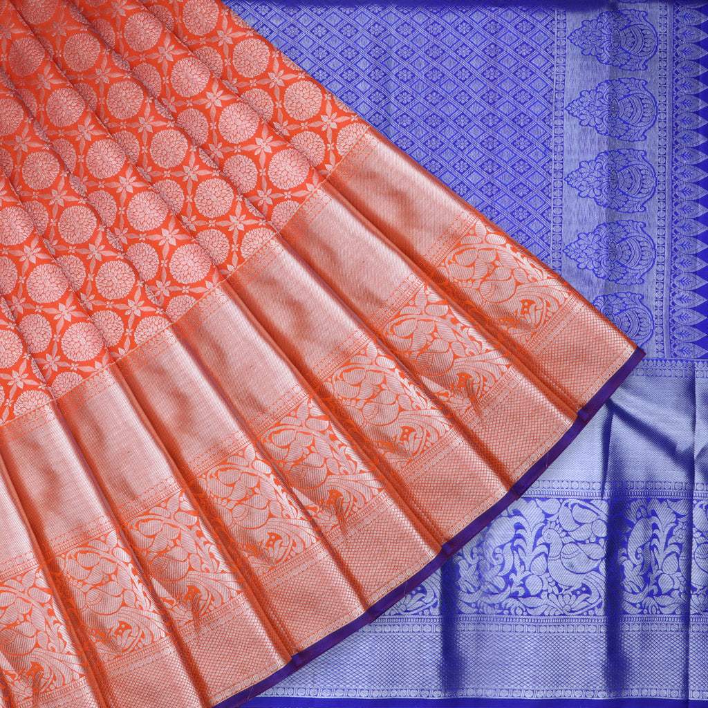 Vibrant Orange Kanjivaram Silk Saree With Floral Buttas