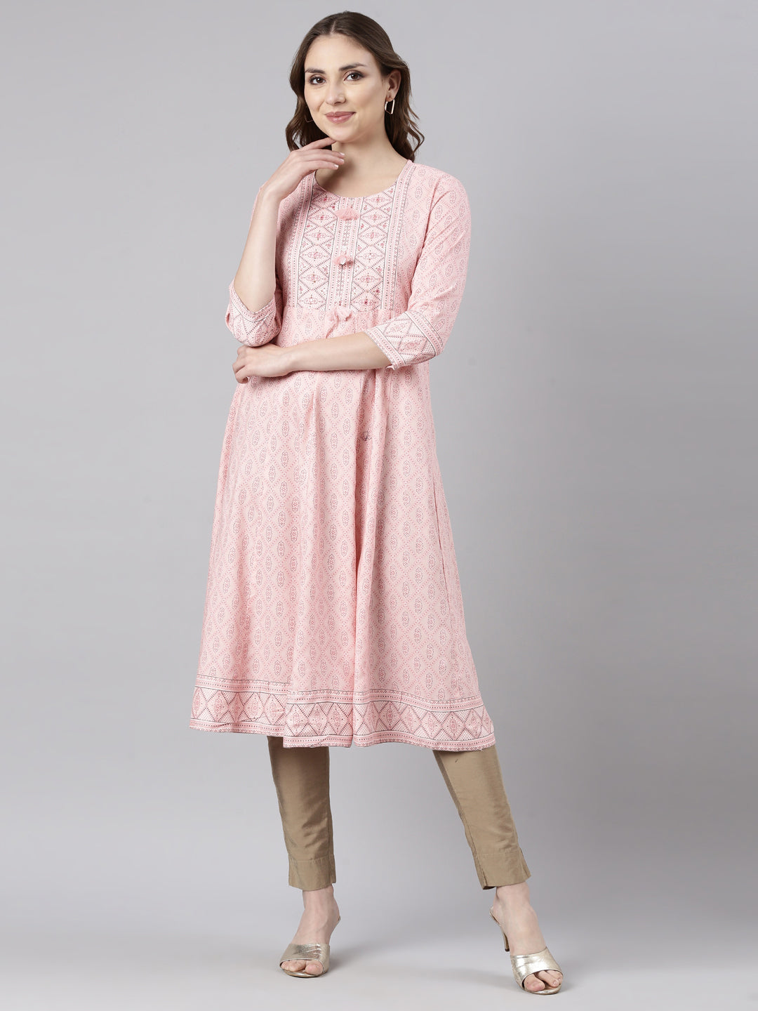 Neerus Peach Panelled Anarkali Floral Kurtas