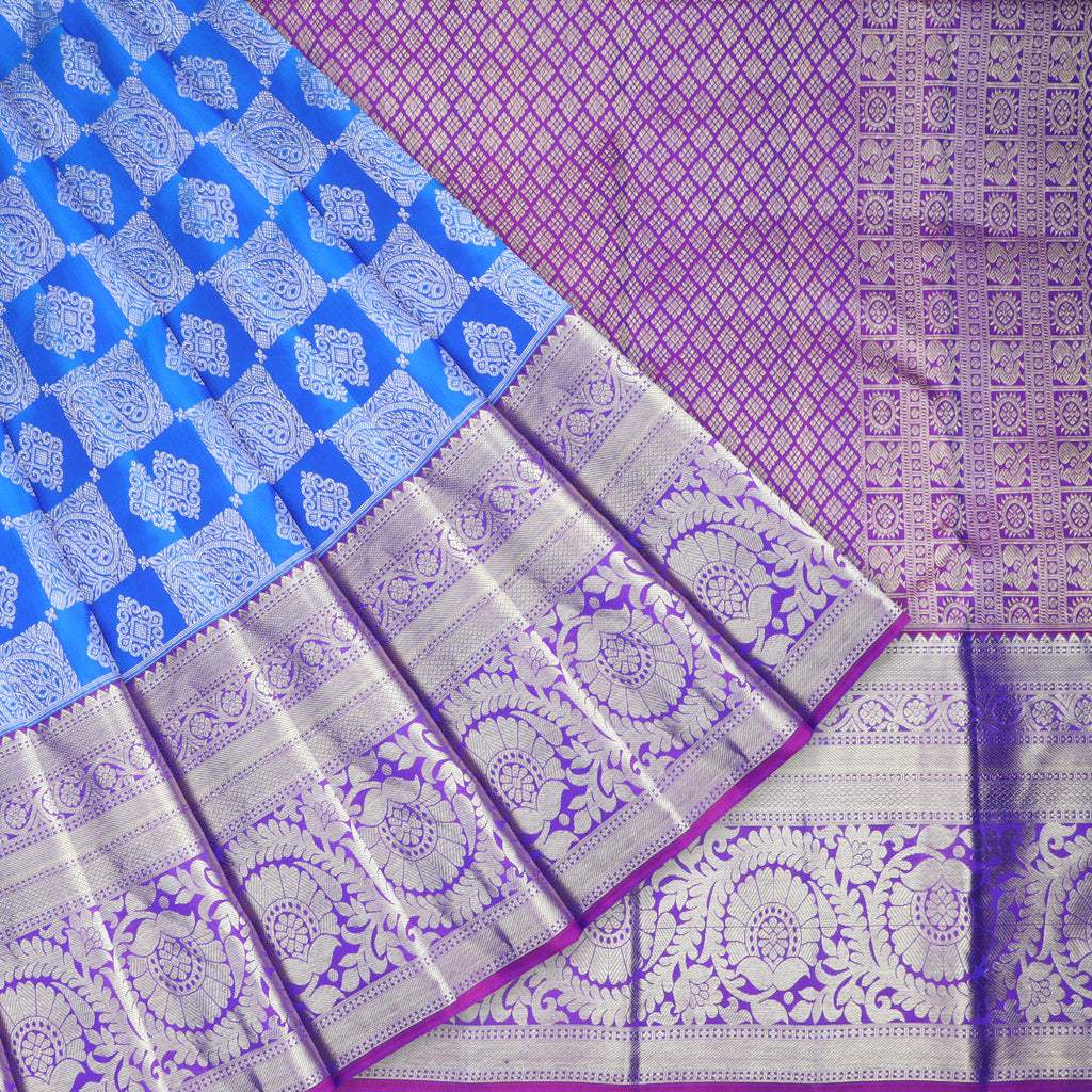 Azure Blue Kanjivaram Silk Saree With Floral Motif Pattern