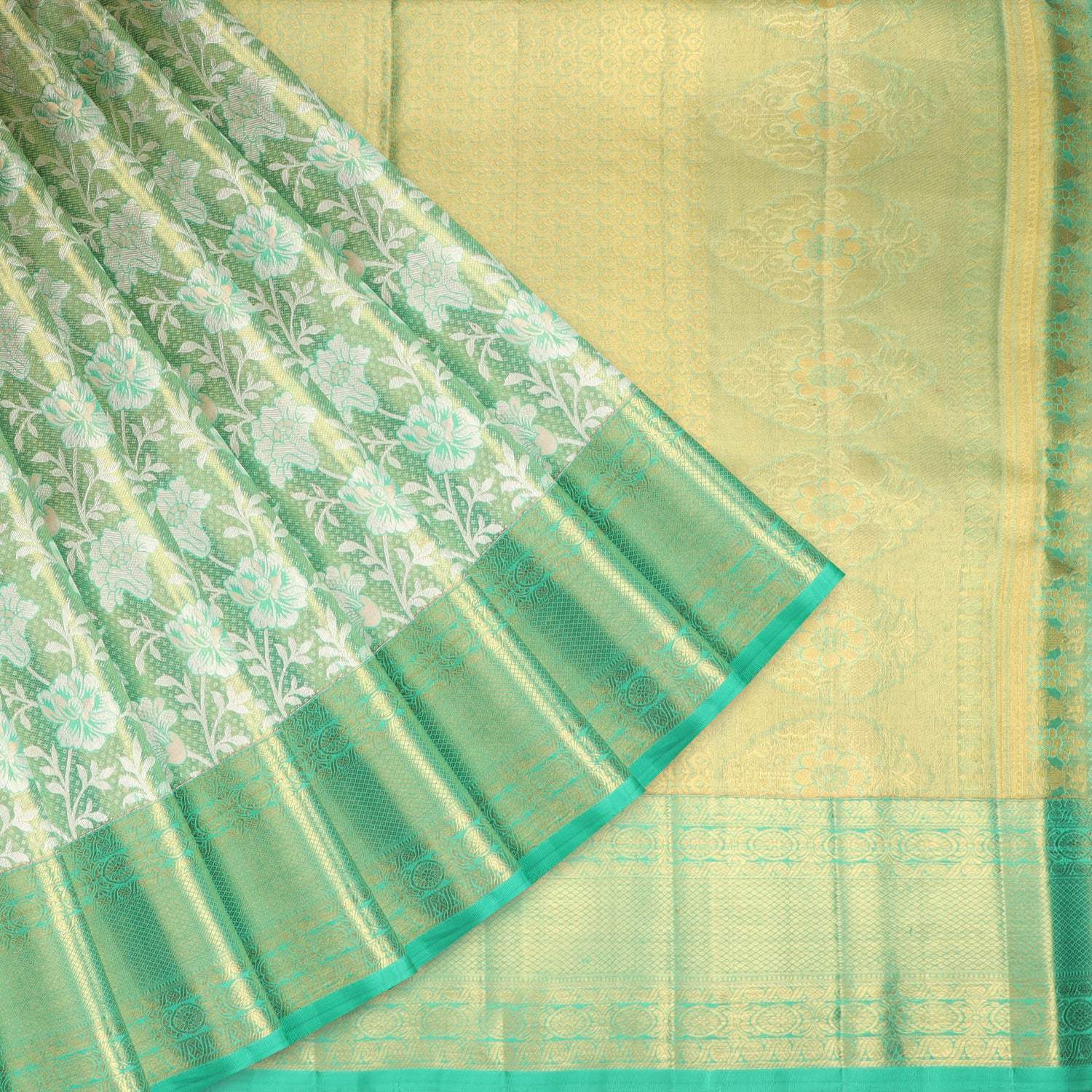 Aqua Green Tissue Kanjivaram Silk Saree With Floral Motif Pattern